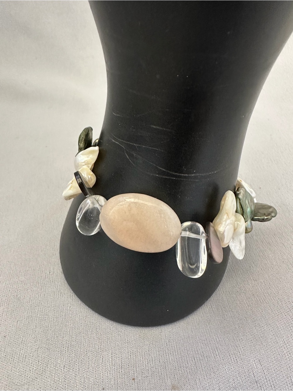 Handmade bracelet with baroque pearls clear and rose quartz magnetic clasp